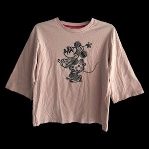 Disney x Uniqlo Pink Womens Minnie Mouse Velvet Embroidered T-Shirt Sz S Kidcore